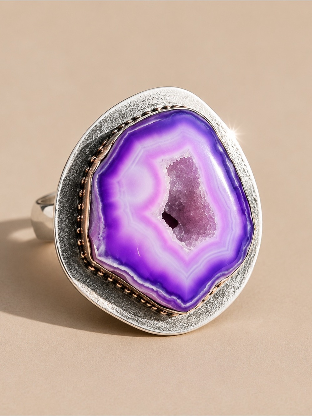 Purple Agate Geode Druzy Ring Sterling Silver Statement Ring Boho Jewelry size 9